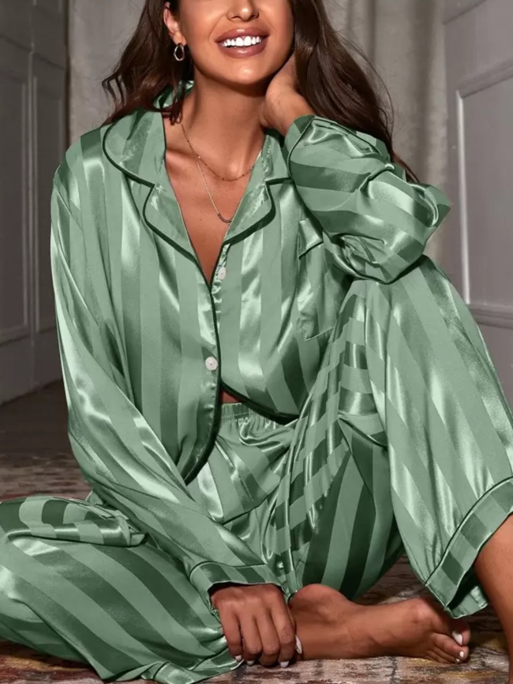 Contrast Binding Satin Pajama Set, Fall Winter Clothes